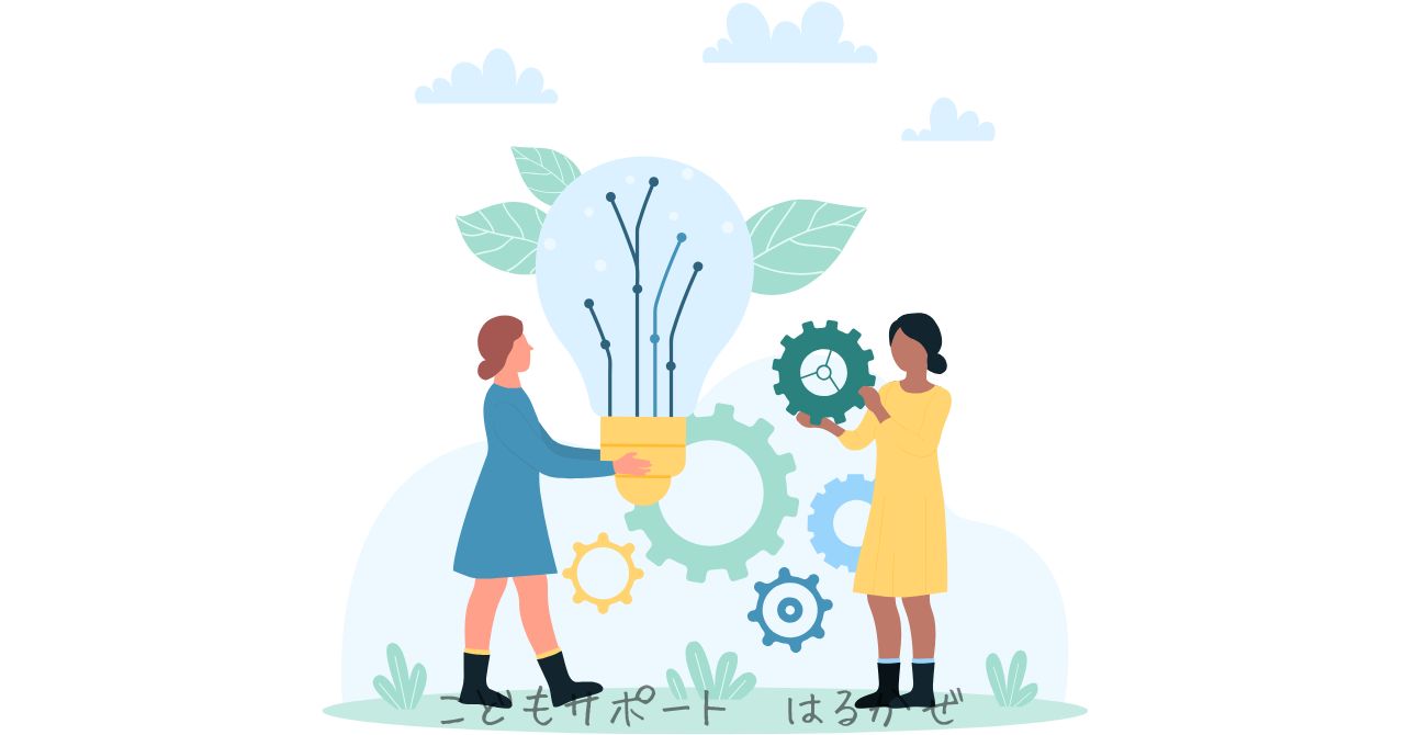 歯車と電球を持って協力する2人の女性のイラスト。成長や支援のイメージを表現。