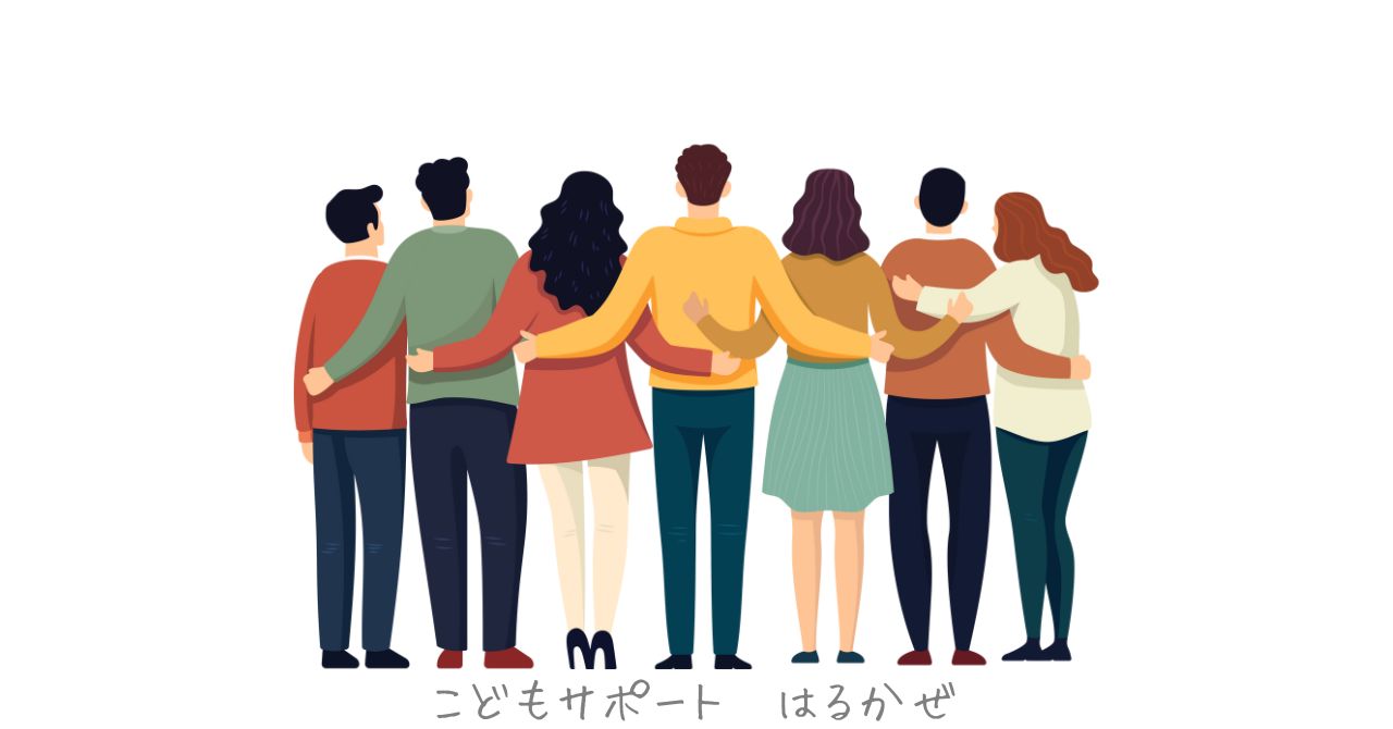 肩を組んで並ぶ7人の人たちの後ろ姿。団結やチームワークを表現。（社会の一員として行動できるイメージ画像）